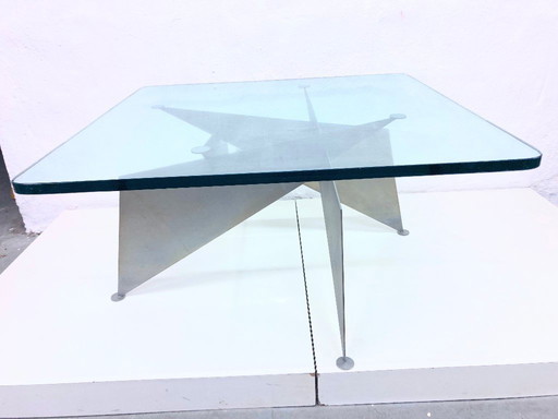 Designer coffee table metal frame with square glass top 80s 90s