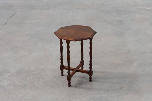 Mid Century Franse zeshoekige gedraaide poten eiken bijzettafel, Frankrijk, jaren 1940