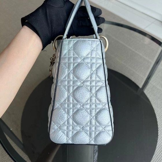 Image 1 of *FLAP OPEN* DIOR LADY MEDIUM - GRAINED CALFSKIN METALLIC SILVER GOLDEN HARDWARE