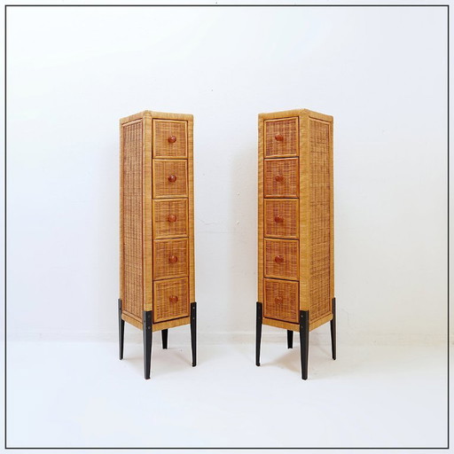 Pair of small vintage wicker chests of drawers with five drawers