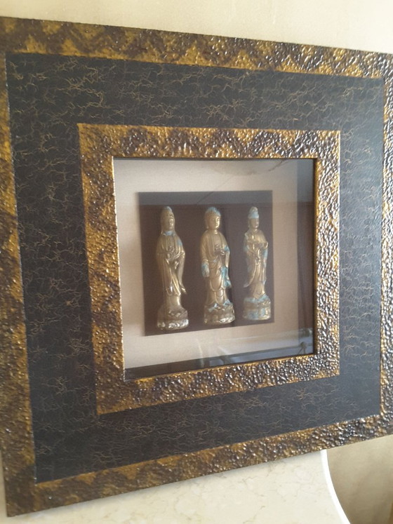 Wall art panel with built-in Buddhas behind glass – Wall decoration, Metal (photo 5 of 5)
