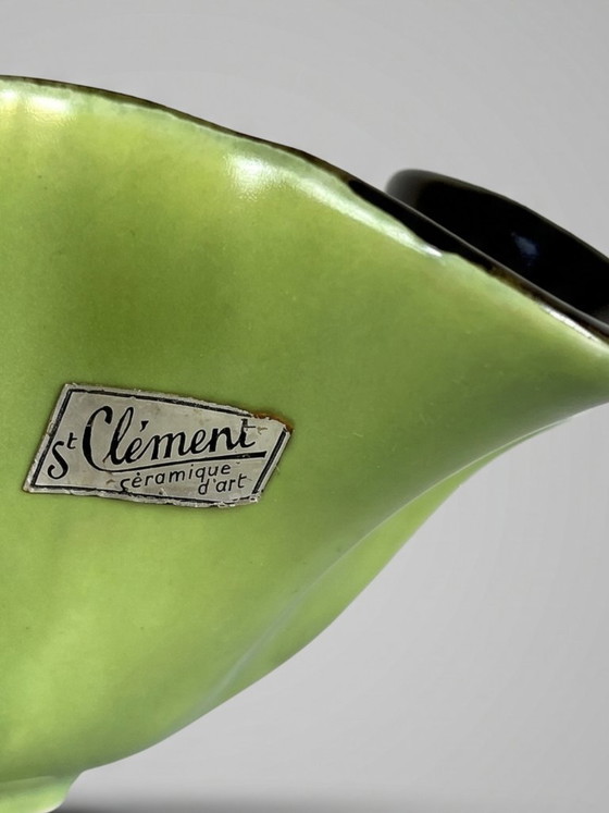 Image 1 of Bol/centro de mesa de cerámica verde anís y negro, Saint-Clément – ​​modelo 8218 – B. Letalle – década de 1950