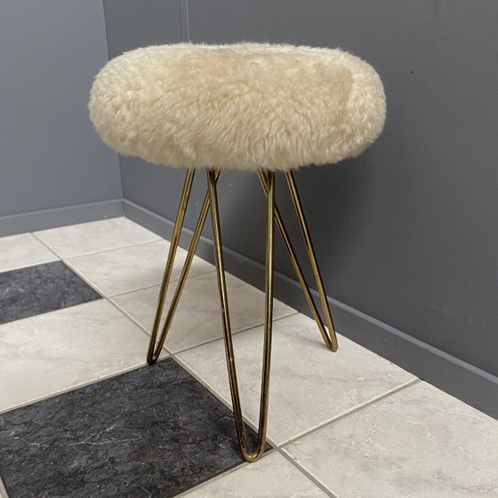 Image 1 of wool top brass small stool 1960s Sheep skin top