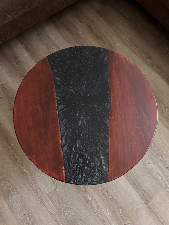 Unique round oak coffee table with epoxy and steel leg 65 cm – Metal, Wood (photo 2 of 6)