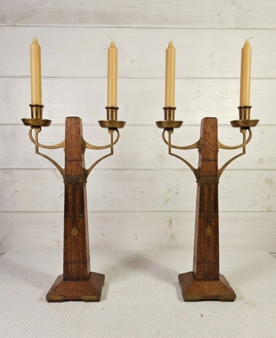 Rare Pair of Art Deco / Amsterdam School Candle holders, Amsterdamse School Kandelaars, Wood, Brass, Brown (photo 5 of 15)