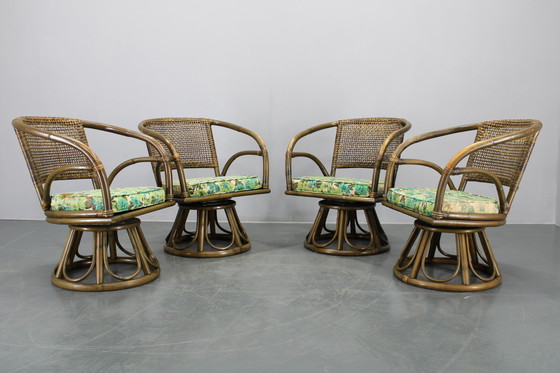 Image 1 of 1980er Set aus vier Rattansesseln mit Stoffpolstern