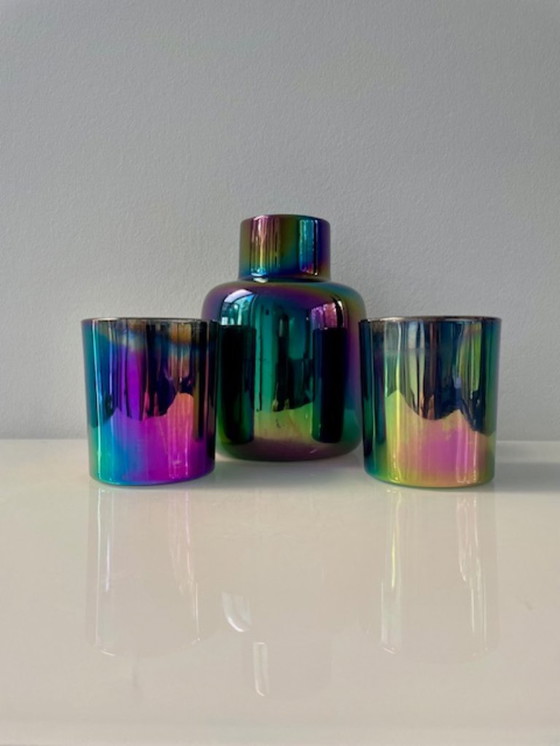 Image 1 of Conjunto de jarrón multicolor y 2 candelabros – efecto arcoíris