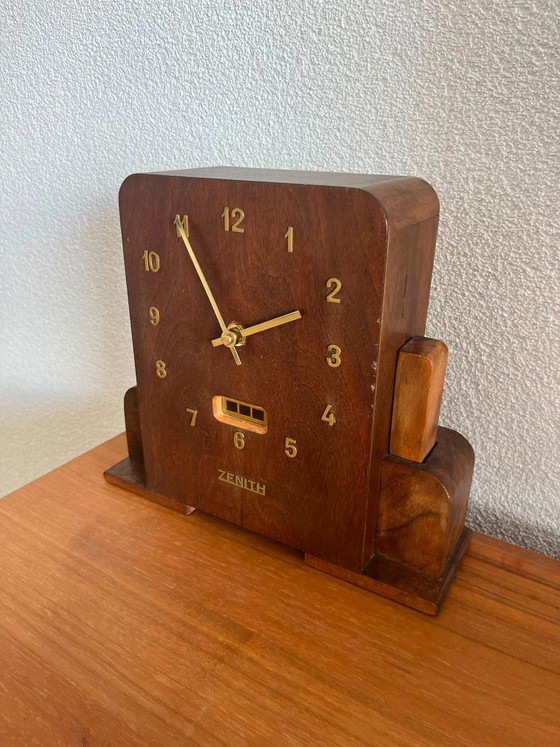Image 1 of Tirelire-horloge Art Déco Zenith – Pendule de cheminée suisse en bois – Années 1930