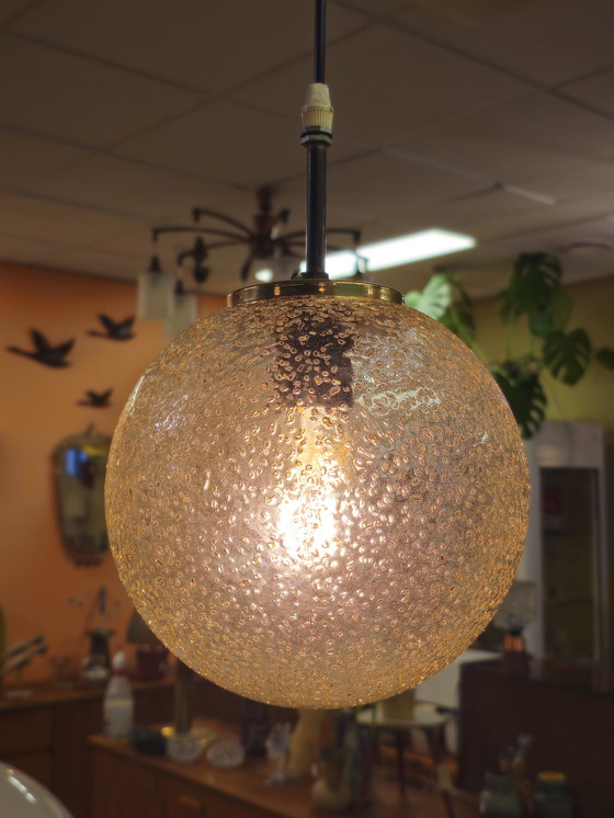 Image 1 of Vintage Hanglamp Glazen Bol Plafondlamp Lamp Messing 