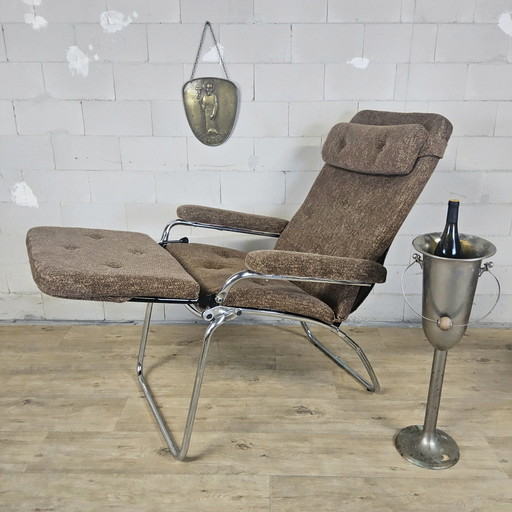 Silla reclinable ajustable Vintage Cromo / gris / tela marrón / silla reclinable / silla reclinable