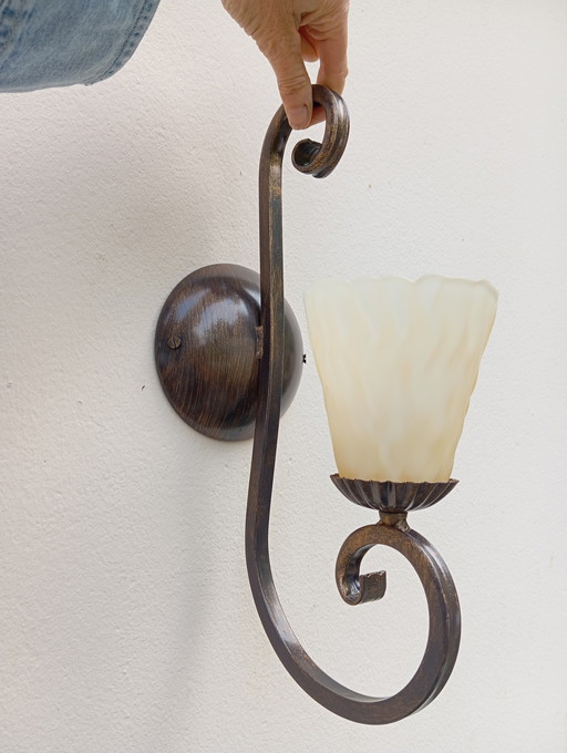 Wrought Iron Wall Sconce, Ecru Pâte De Verre Globe, Made In Italy 1980