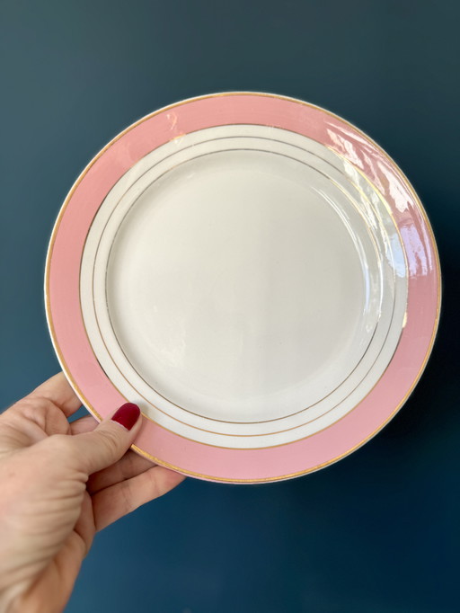 Luneville Régence set of 6 vintage plates pink with gold