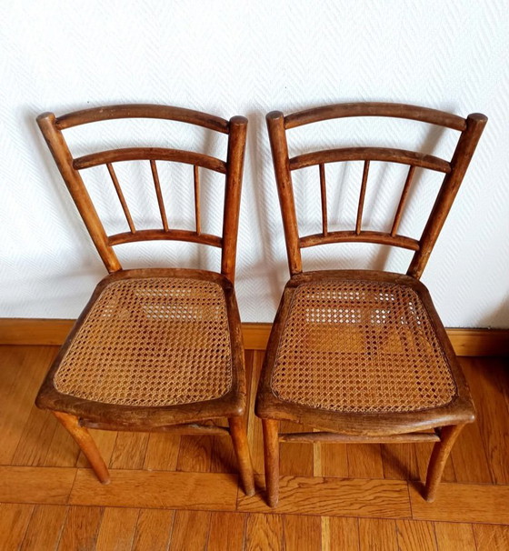 2x caned bistro chairs circa 1940, Dining chairs, Wood, Rattan, Brown, Vintage (photo 7 of 13)