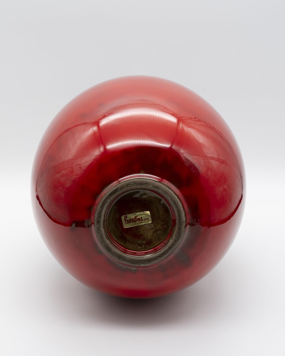 Image 1 of Raro jarrón de cerámica Ernestine Cannon de mediados de siglo, de color rojo intenso brillante, Salerno, Italia.