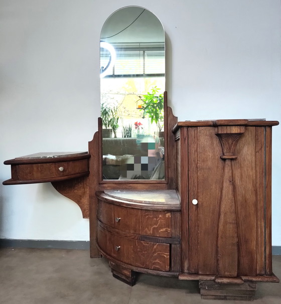 Image 1 of Vintage Art Deco kaptafel / spiegelmeubel met marmer – asymmetrisch design
