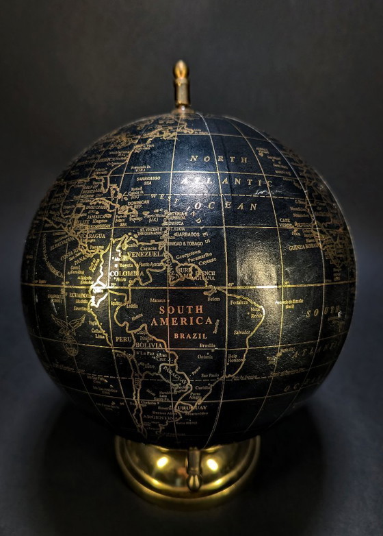 Image 1 of Globo terrestre vintage nero e oro – Globo da scrivania girevole con quadrante dell'ora mondiale