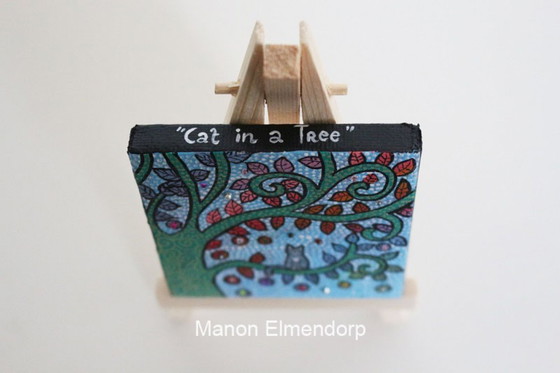 Image 1 of Unique Hand-Painted Small Painting with Donkey and Cat in a Tree