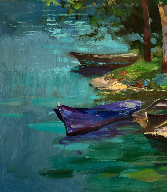 Image 1 of Original Oil Painting Summer Coastal Landscape Forest descending to the river banks