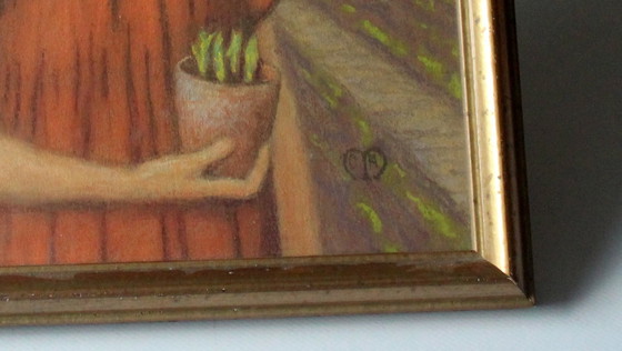 Image 1 of 1920 - Antieke pastelkrijttekening "Portret van een jong meisje in de tuin".