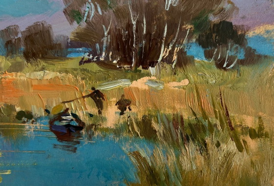 Image 1 of Origineel olieverfschilderij: Zomerlandschap aan het meer, in een veld vlakbij het meer.