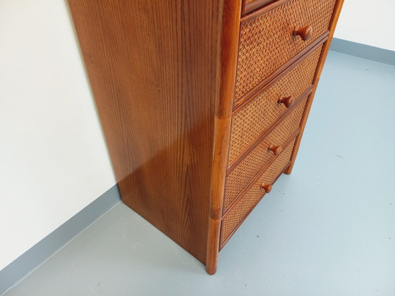 Image 1 of Commode Chiffonnier Semainier Vintage en Rotin, Bois et Cannage des Années 70