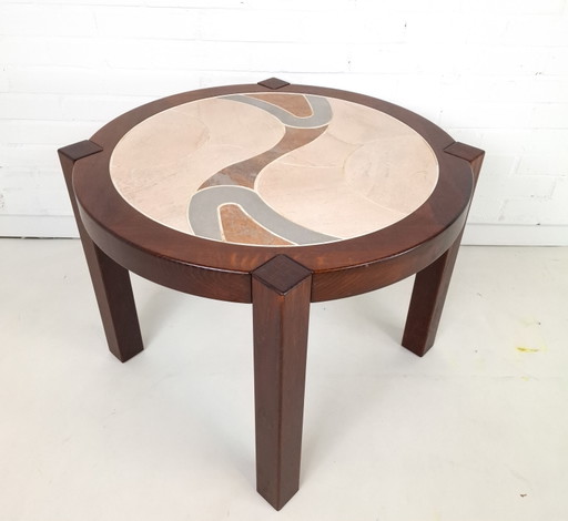 Mesa de centro redonda vintage Haslev, diseño danés, madera de palisandro/piedra/acero inoxidable. – salontafels, Stone, Wood