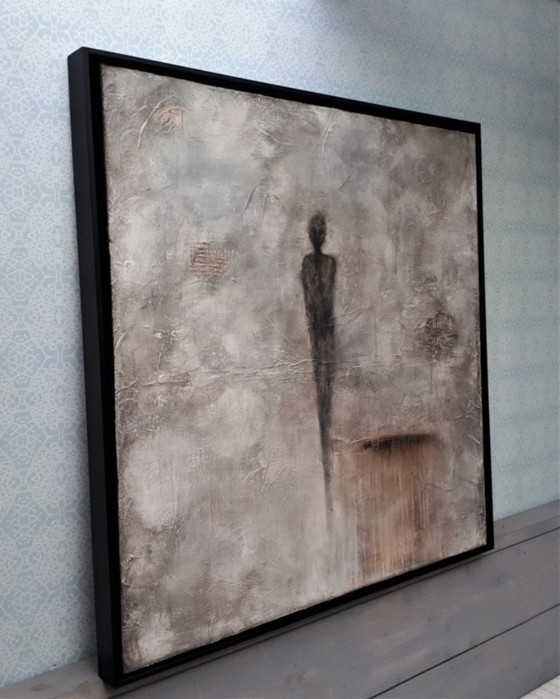 Image 1 of Frances Eckhardt - modern art gray mysterious figure figurative art painting 100x100 cm framed