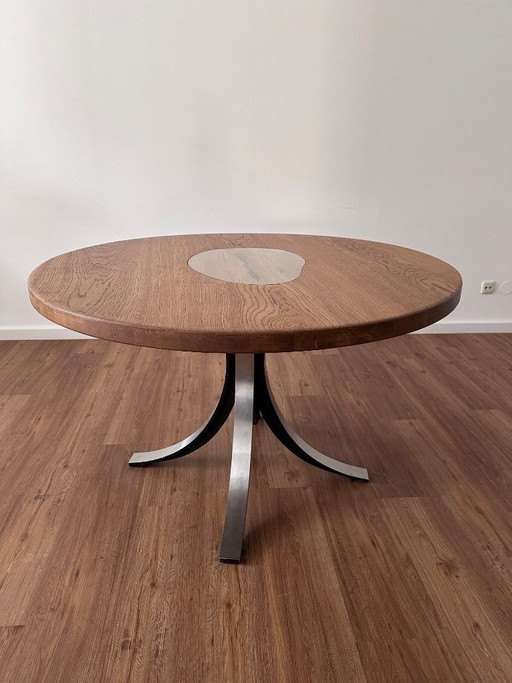 Ronde Tecno eet- en vergadertafel – Massief eikenhout met glazen inzetstuk