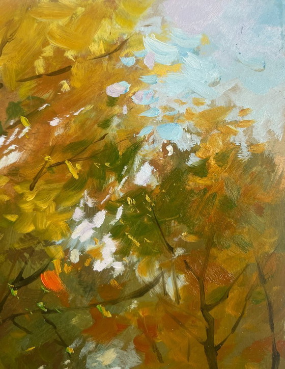 Image 1 of Peinture à l'huile originale, paysage urbain d'automne. Promenade dans un parc urbain en automne.
