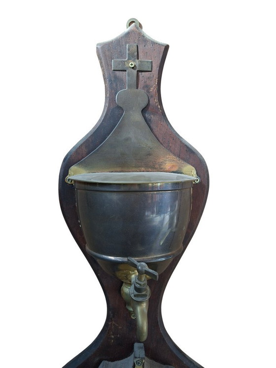 Image 1 of Antique Wall-Mounted Brass and Wood Washbasin with Cross, Early 1900s