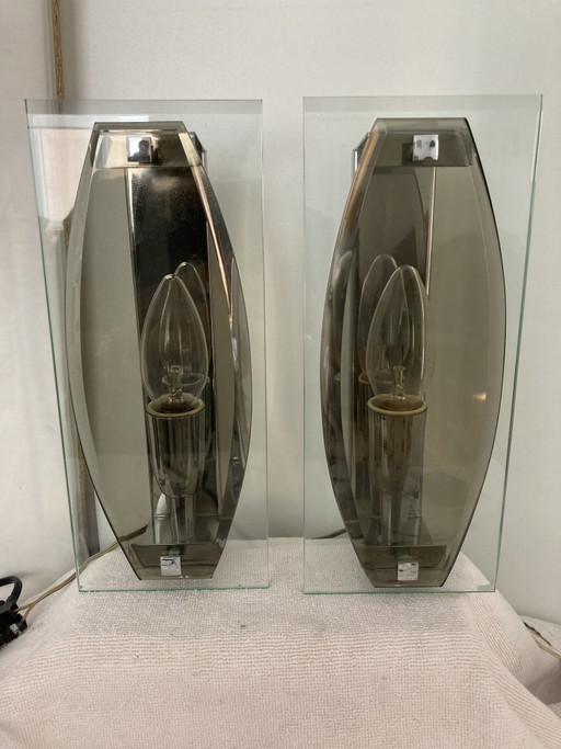 Pair of Wall Sconces, Vintage 70s Style Fontana Arte, Italian Craftsmanship – wandlampen, Metal, Glass