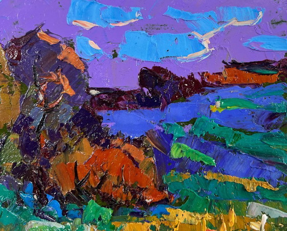 Image 1 of Original Oil Painting Summer Coastal Landscape In the evening by the river