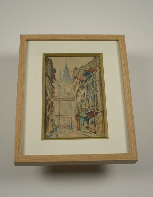 Lively alleyway, signed M. Girard - Watercolor dated May 13, 1934