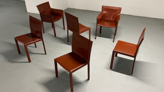 Image 1 of 6 sedie di design italiano Enrico Pellitzoni in pelle color cognac