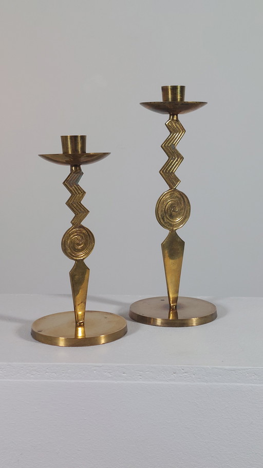 Pair of patinated vintage brass candlesticks, Memphis style, 1980s
