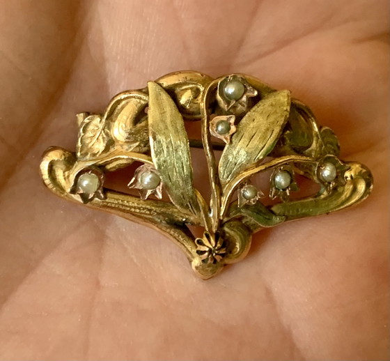 Broche Art Nouveau vers 1900 – Or « Titre Unique » – décor végétal aux perles fines – AF, Cadeaux, Metal (photo 3 of 14)