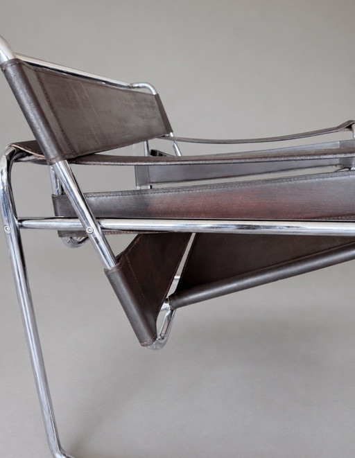 Fauteuil vintage Wassily B3 de Marcel Breuer pour Bononia/Gavina, Italie, cuir marron