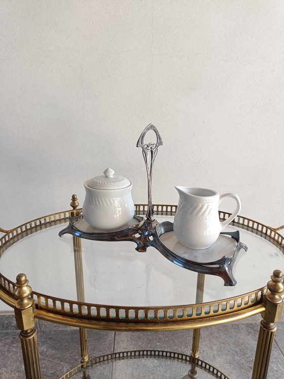 Image 1 of Soporte de servicio Art Nouveau chapado en plata con incrustaciones de piedra, principios del siglo XX.