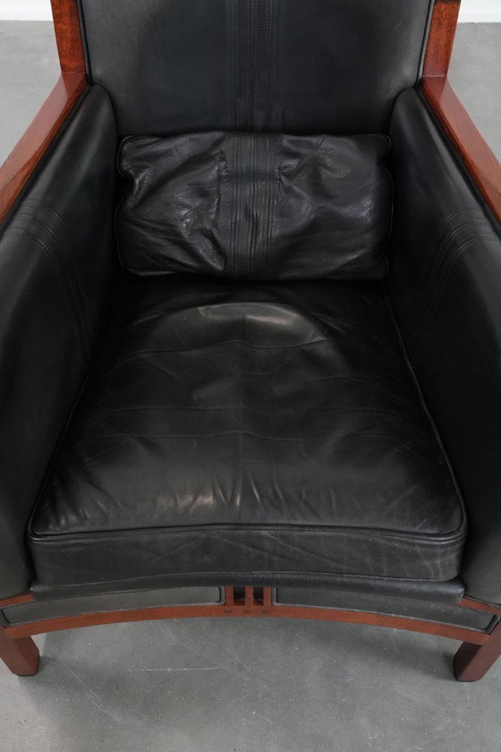 Image 1 of Zwarte Art Deco rundleren en houten Schuitema design fauteuil uit de Decoforma serie met een hoge rug
