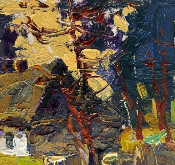 Image 1 of Original Oil Painting Autumn Forest Landscape Houses near the forest