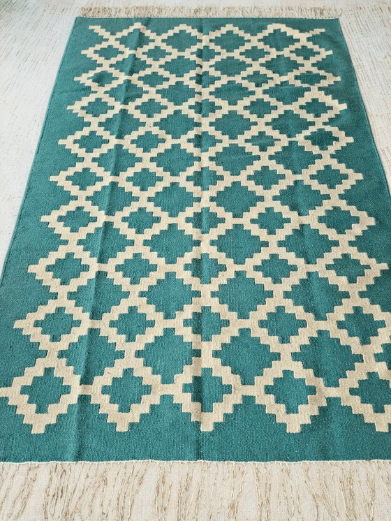 Image 1 of Senon Kelim-Teppich 160 × 230 cm - Handgefertigt in Ägypten - Grüner Diamant, Flachgewebe