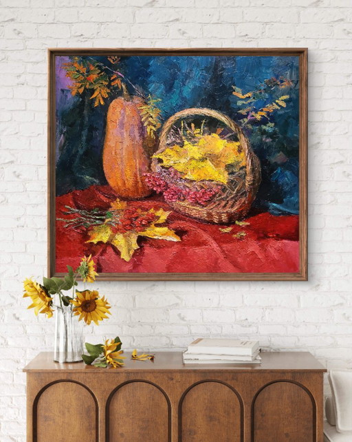 Original Oil Painting Autumn Harvest Still Life with Pumpkin – schilderijen tekeningen, Canvas (photo 2 of 7)