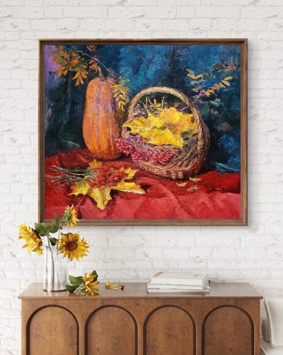 Original Oil Painting Autumn Harvest Still Life with Pumpkin – Paintings & Drawings, Canvas (photo 2 of 7)