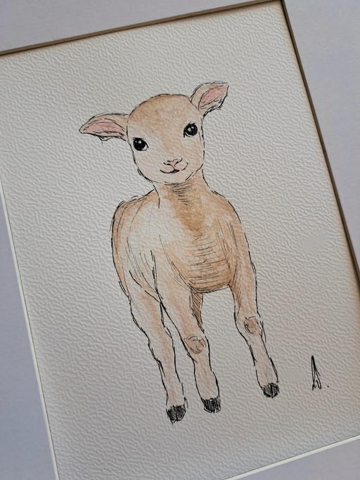 Watercolor painting lamb original | Framed