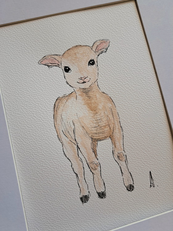 Image 1 of Watercolor painting lamb original | Framed