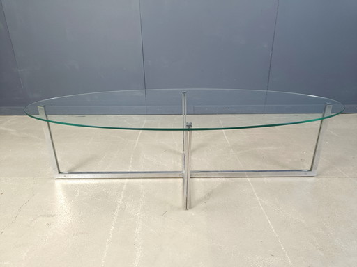 Tavolino da caffè ovale vintage in vetro e cromo, anni '70