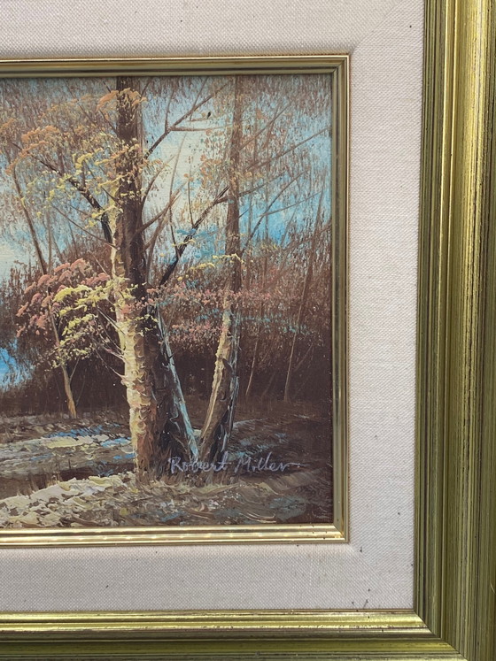 Oil on canvas signed Robert Miller, woodland river landscape, 20th century – Decorative Objects, Textile (photo 3 of 9)