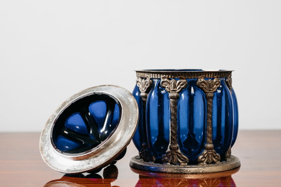Image 1 of Grote blauwe serveerkan uit de Royal Sheffield Collection uit de jaren 1950, vintage pronkstuk.