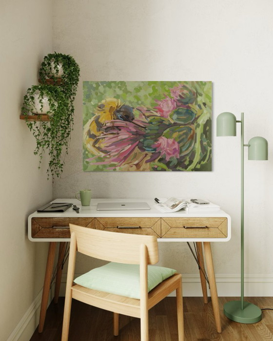 Image 1 of Bumblebee and Thistles, oil on canvas, 100x70cm, Sandra Kolondam