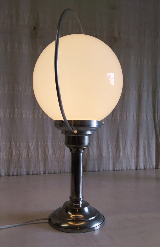 Image 1 of Table lamp in pewter and opaline glass globe - mid-20th century